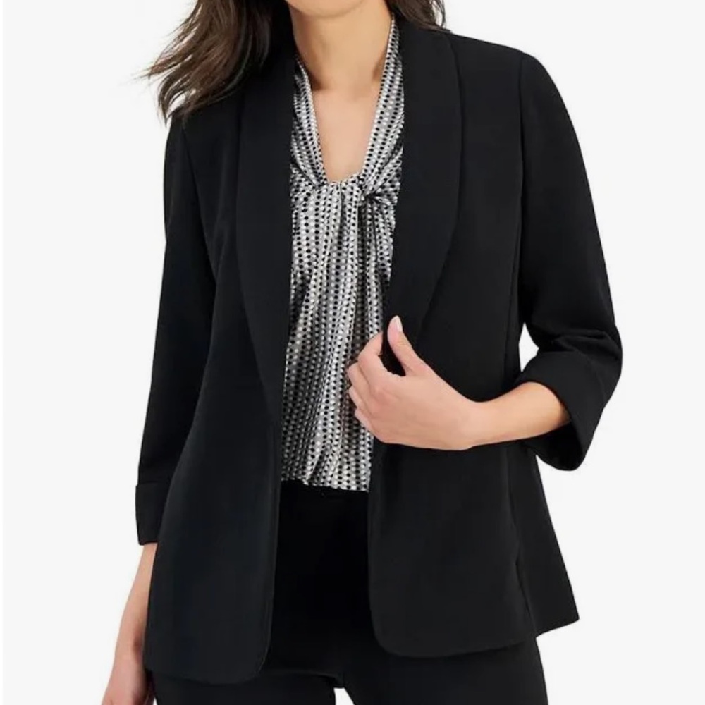 Kasper Women's Petit Black Crosshatch Shawl Collar Open Front Jacket Size PS